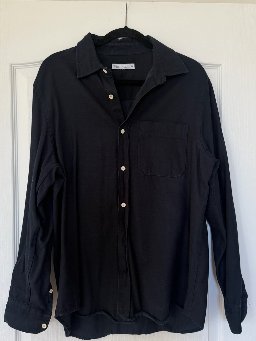 Zara Men Black Long-Sleeve Casual Button-Down Shirt with Chest Pocket